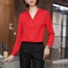 เสื้อเชิ้ตทำงานสีแดงคอวีมีปกแขนยาว