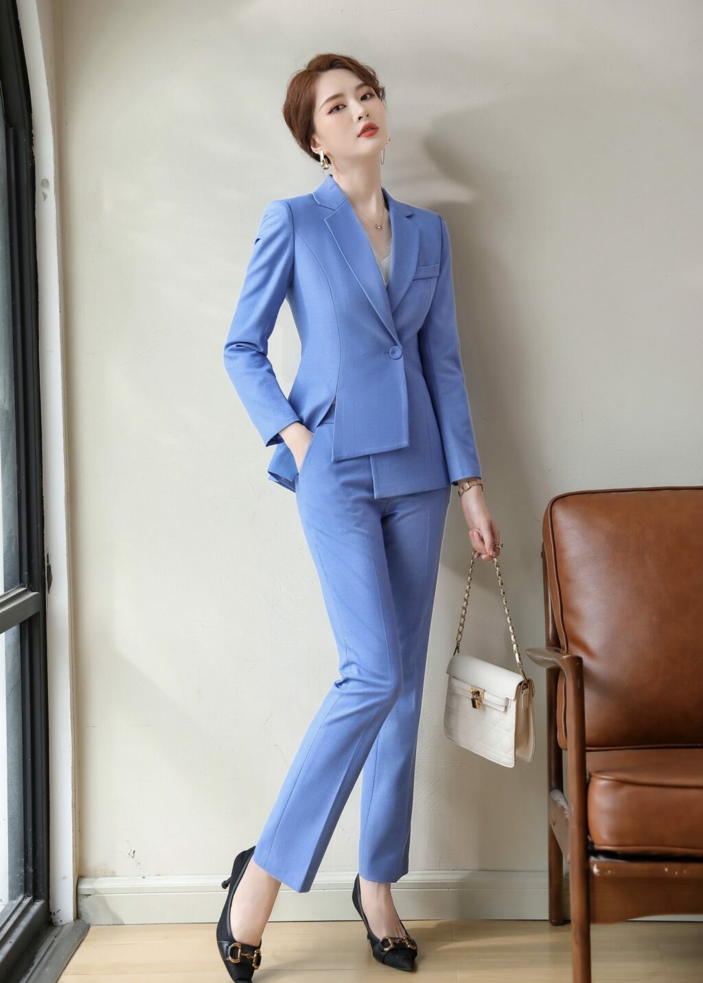 PN2648-01 ชุดสูททำงานผู้หญิงสีฟ้าปกป้านแต่งกระดุมแขนยาวพร้อมกางเกง