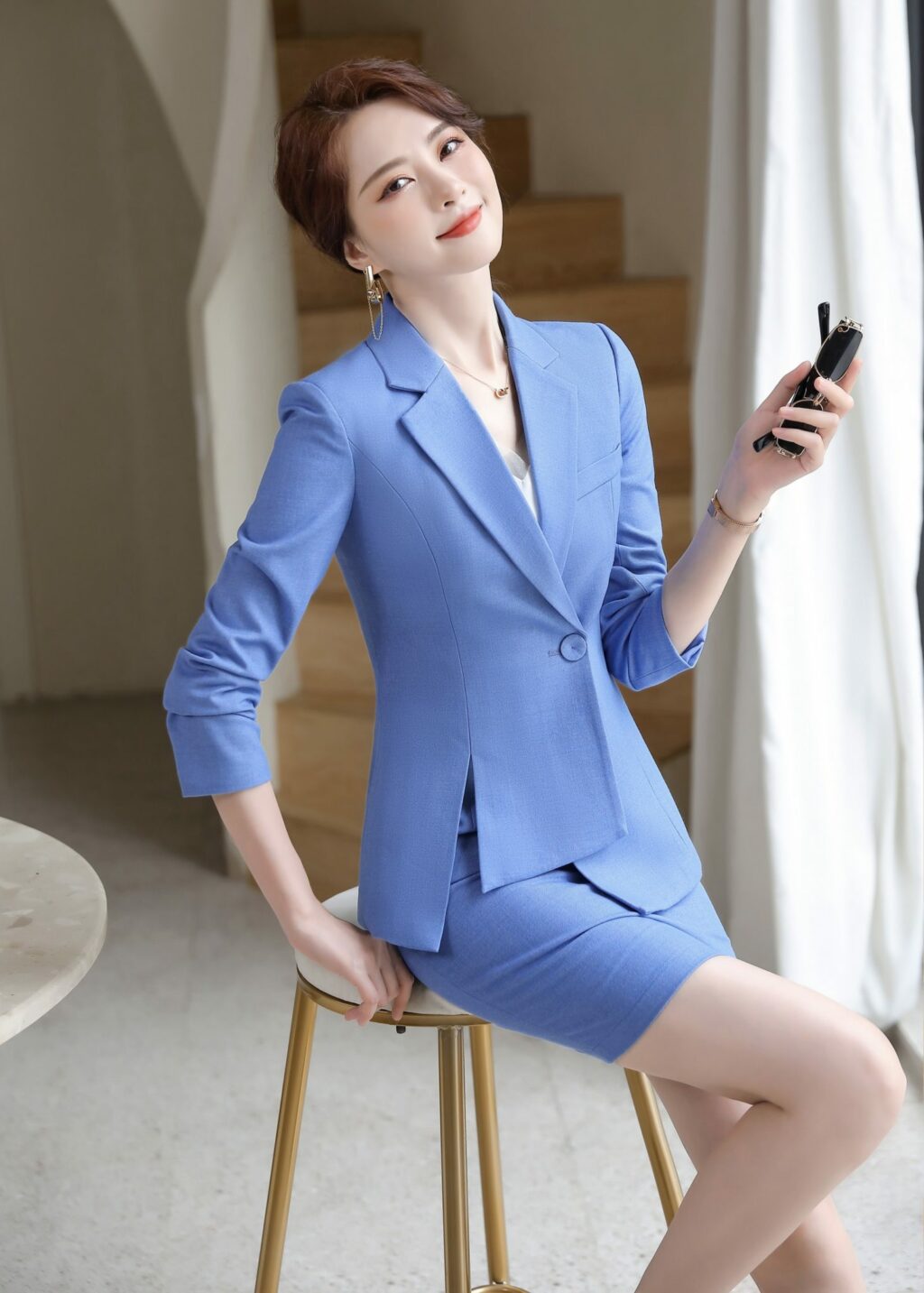 PN2651-06 ชุดสูททำงานผู้หญิงสีฟ้าปกป้านแต่งกระดุมแขนยาวพร้อมกระโปรง