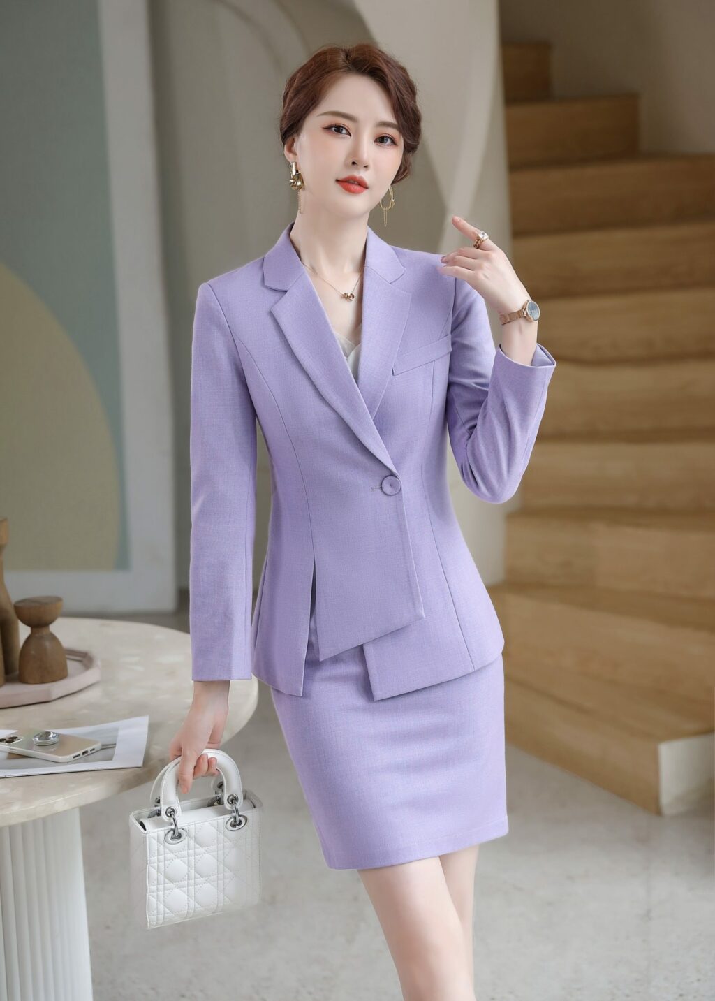 PN2652-02 ชุดสูททำงานผู้หญิงสีม่วงปกป้านแต่งกระดุมแขนยาวพร้อมกระโปรง