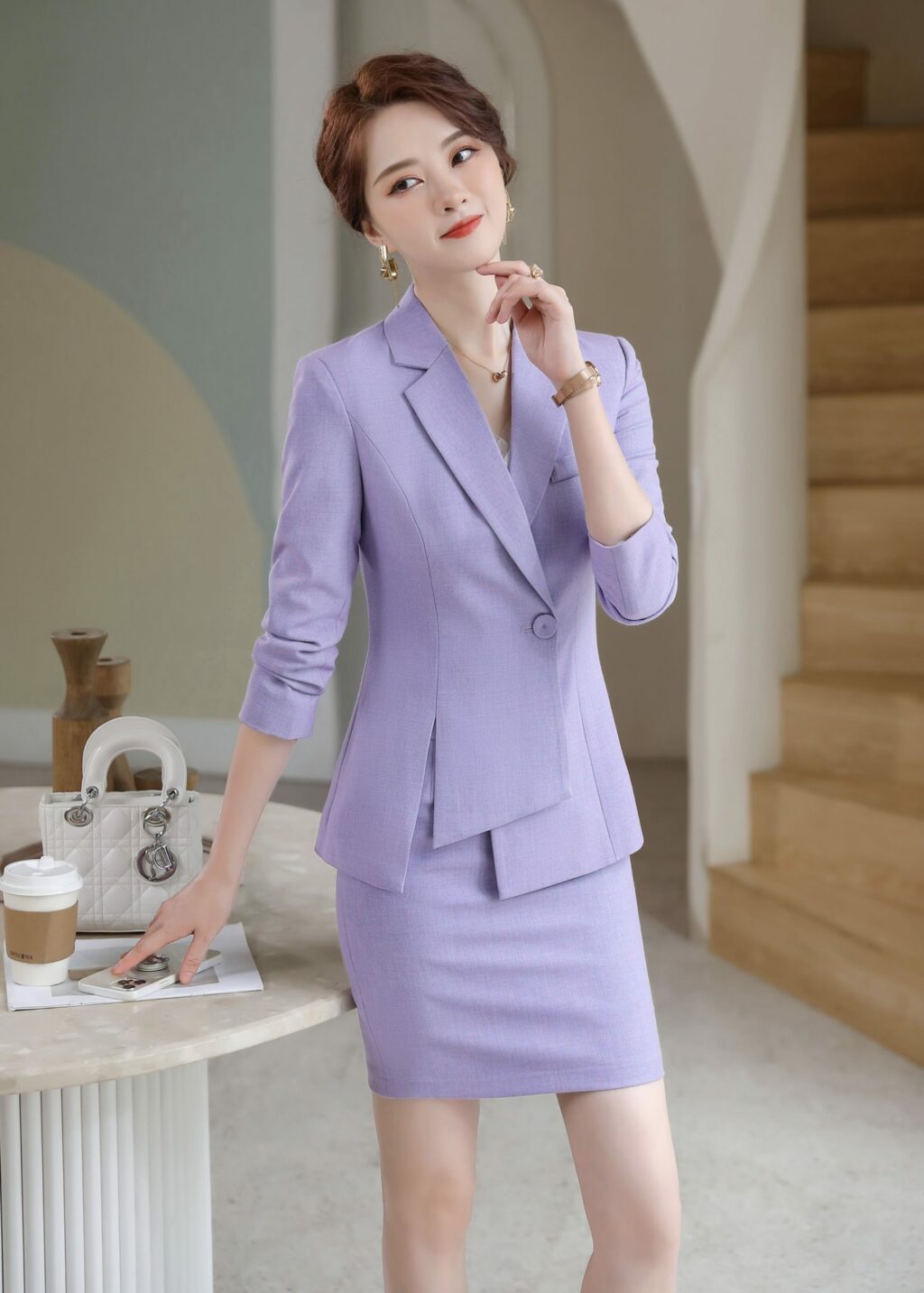 PN2652-03 ชุดสูททำงานผู้หญิงสีม่วงปกป้านแต่งกระดุมแขนยาวพร้อมกระโปรง