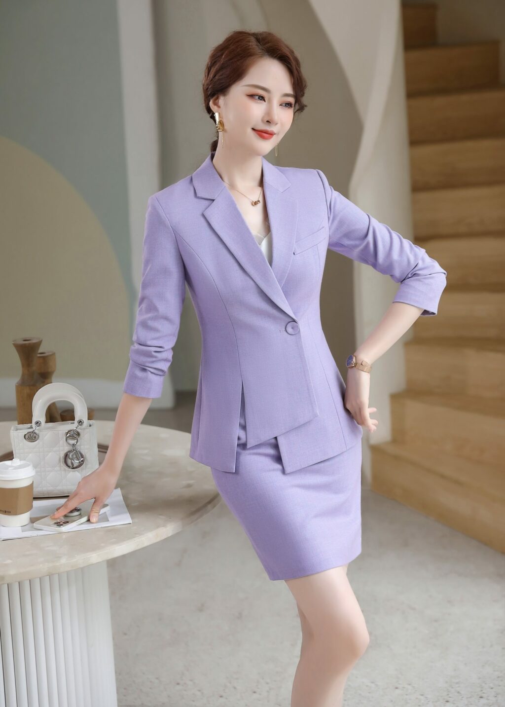 PN2652-05 ชุดสูททำงานผู้หญิงสีม่วงปกป้านแต่งกระดุมแขนยาวพร้อมกระโปรง