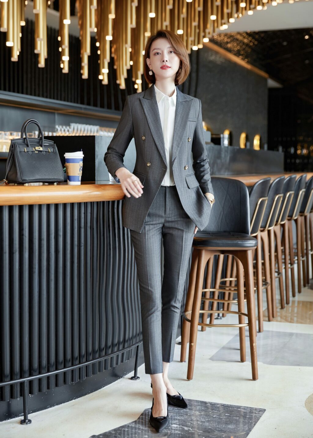 PN2759-01 ชุดสูททำงานผู้หญิงสีเทาแต่งหกกระดุมลายทางพร้อมกางเกง