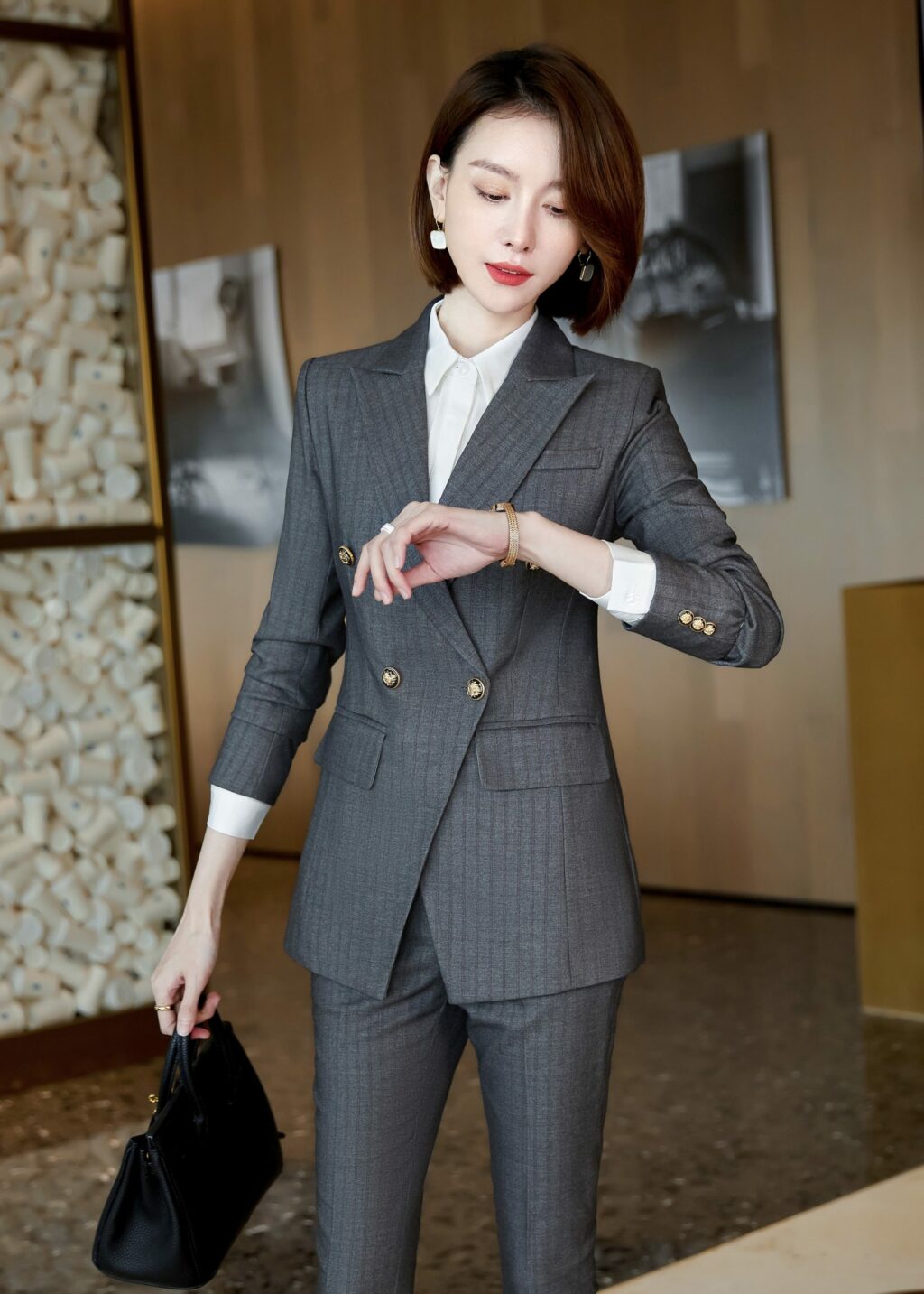 PN2759-04 ชุดสูททำงานผู้หญิงสีเทาแต่งหกกระดุมลายทางพร้อมกางเกง