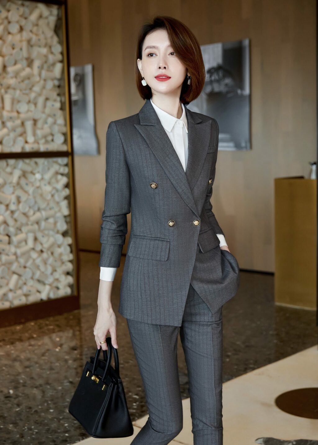 PN2759-05 ชุดสูททำงานผู้หญิงสีเทาแต่งหกกระดุมลายทางพร้อมกางเกง