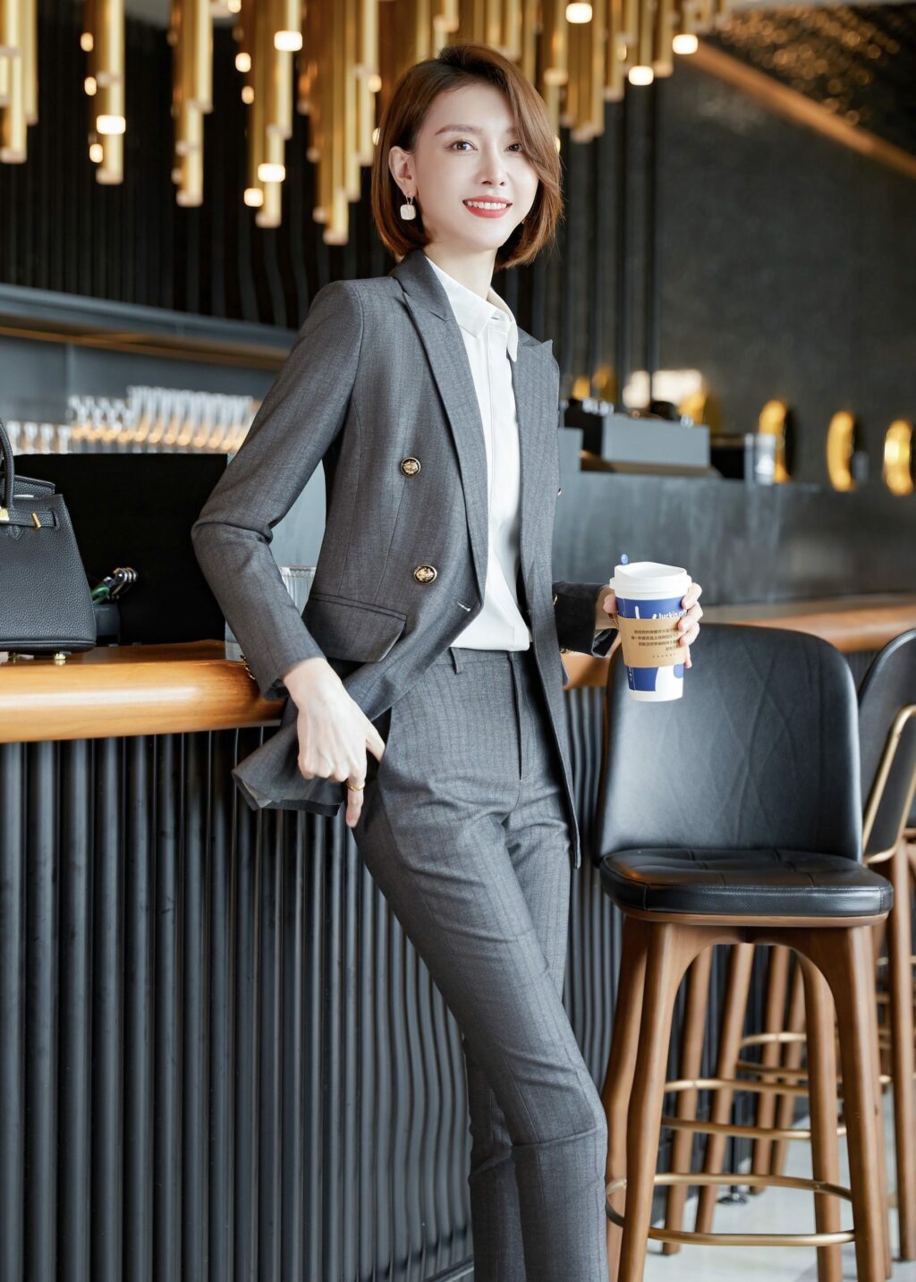 PN2759-06 ชุดสูททำงานผู้หญิงสีเทาแต่งหกกระดุมลายทางพร้อมกางเกง