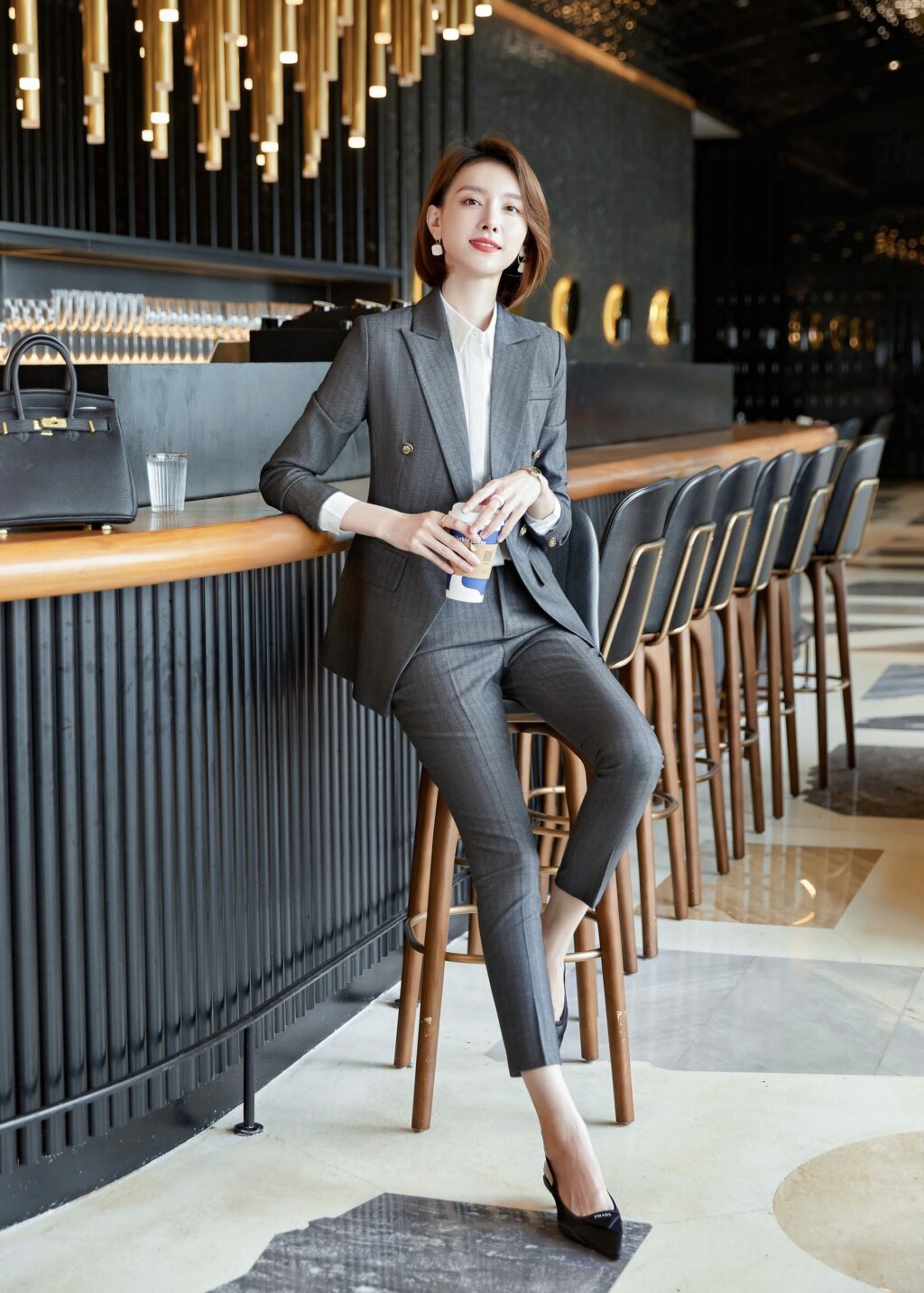 PN2759-07 ชุดสูททำงานผู้หญิงสีเทาแต่งหกกระดุมลายทางพร้อมกางเกง