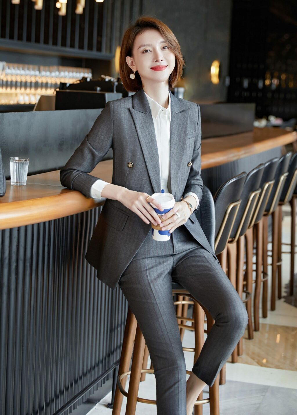 PN2759-08 ชุดสูททำงานผู้หญิงสีเทาแต่งหกกระดุมลายทางพร้อมกางเกง