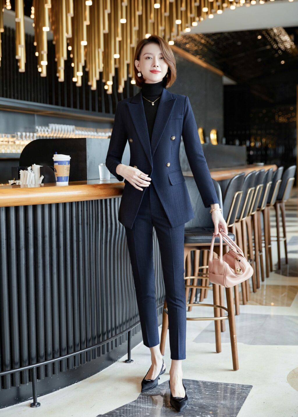 PN2760-02 ชุดสูททำงานผู้หญิงสีกรมแต่งหกกระดุมลายทางพร้อมกางเกง