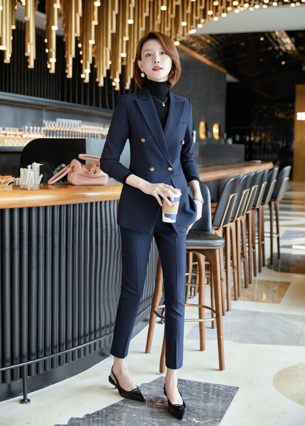 PN2760-03 ชุดสูททำงานผู้หญิงสีกรมแต่งหกกระดุมลายทางพร้อมกางเกง