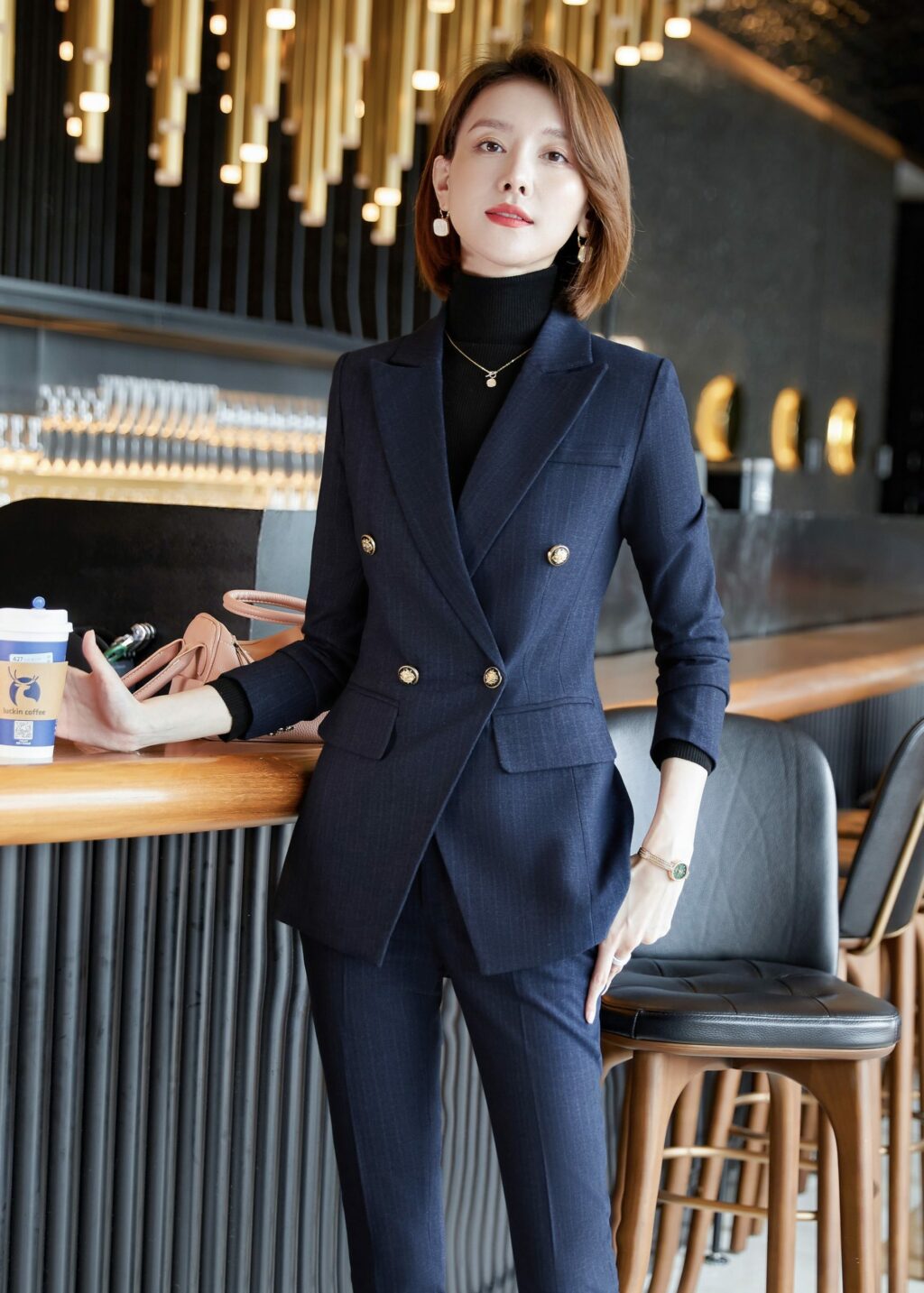 PN2760-05 ชุดสูททำงานผู้หญิงสีกรมแต่งหกกระดุมลายทางพร้อมกางเกง