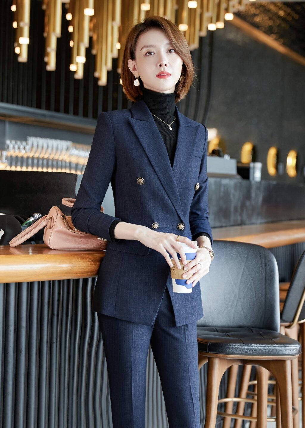 PN2760-06 ชุดสูททำงานผู้หญิงสีกรมแต่งหกกระดุมลายทางพร้อมกางเกง