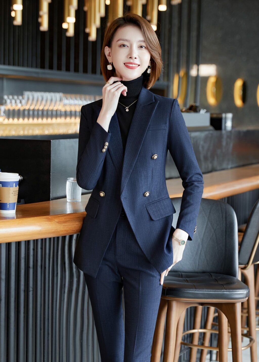 PN2760-07 ชุดสูททำงานผู้หญิงสีกรมแต่งหกกระดุมลายทางพร้อมกางเกง