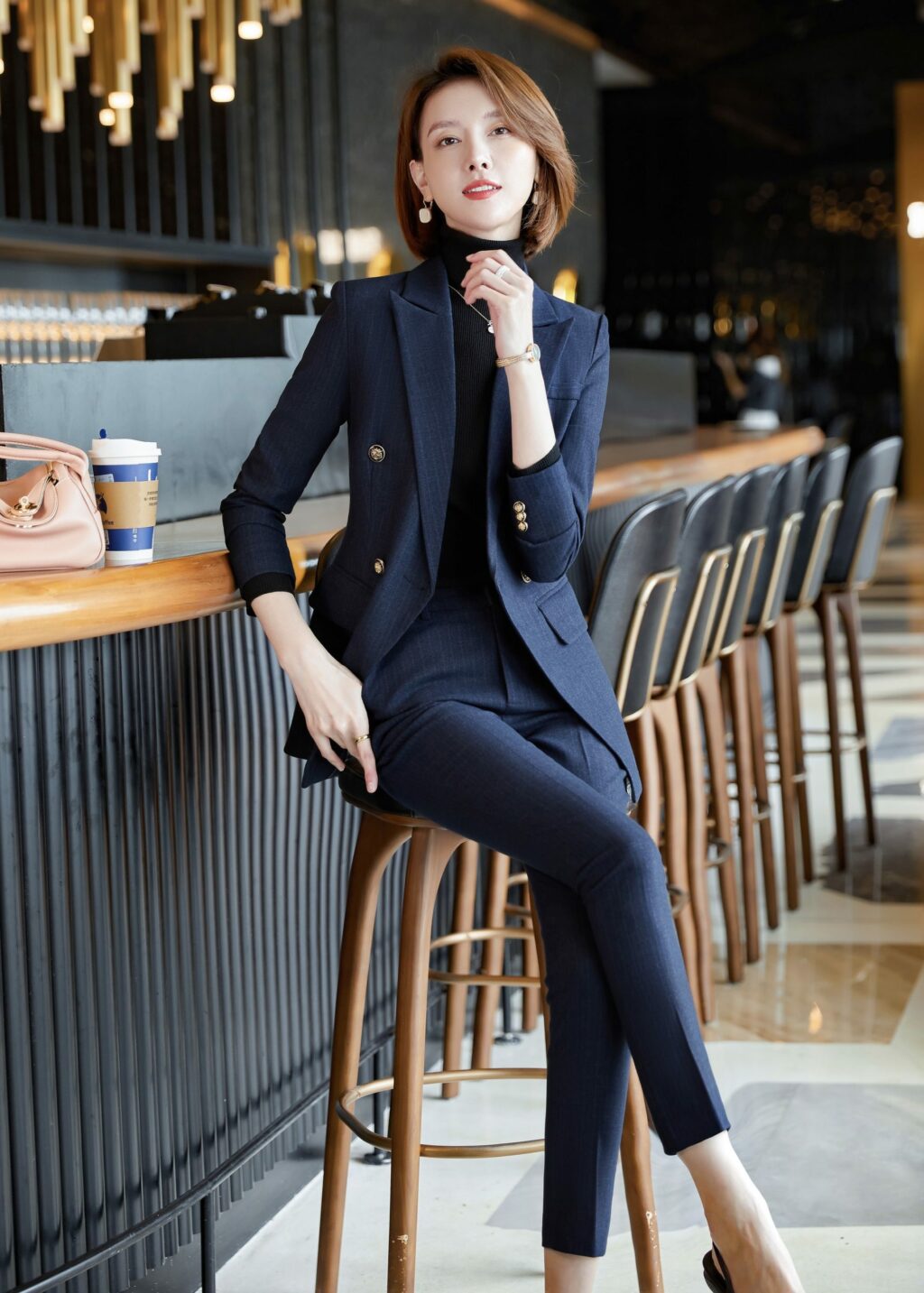 PN2760-08 ชุดสูททำงานผู้หญิงสีกรมแต่งหกกระดุมลายทางพร้อมกางเกง