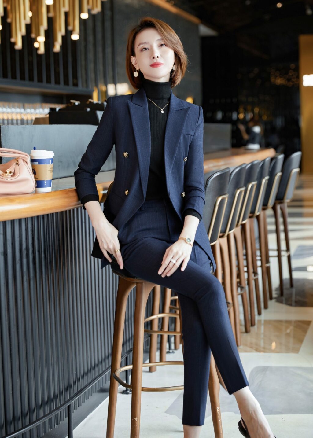 PN2760-09 ชุดสูททำงานผู้หญิงสีกรมแต่งหกกระดุมลายทางพร้อมกางเกง
