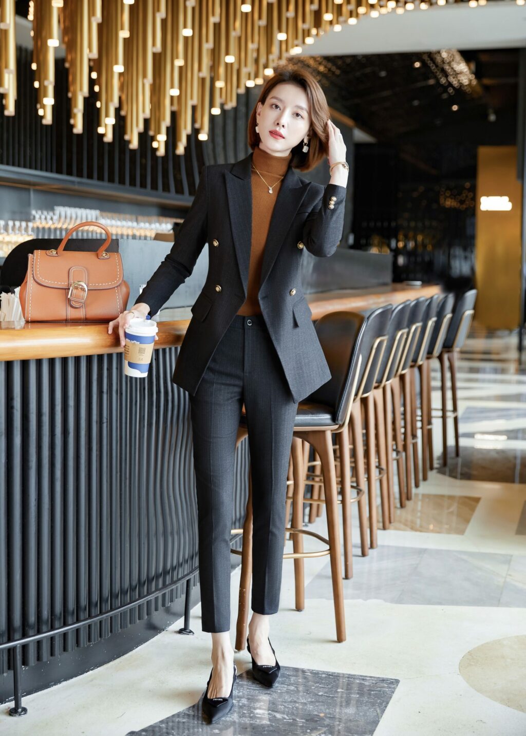 PN2761-03 ชุดสูททำงานผู้หญิงสีดำแต่งหกกระดุมลายทางพร้อมกางเกง