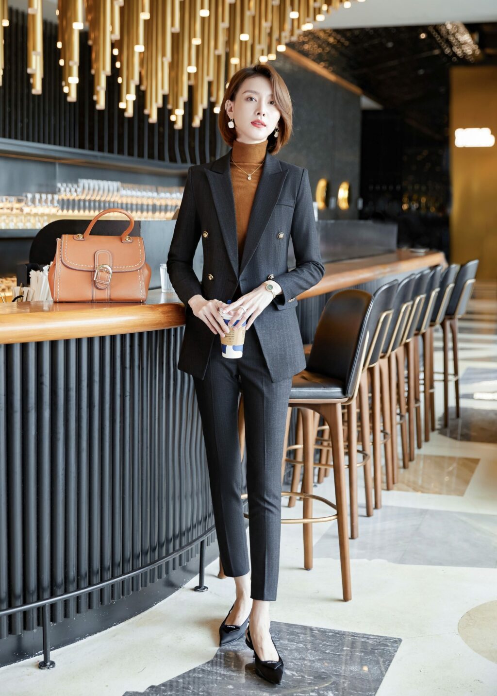 PN2761-04 ชุดสูททำงานผู้หญิงสีดำแต่งหกกระดุมลายทางพร้อมกางเกง