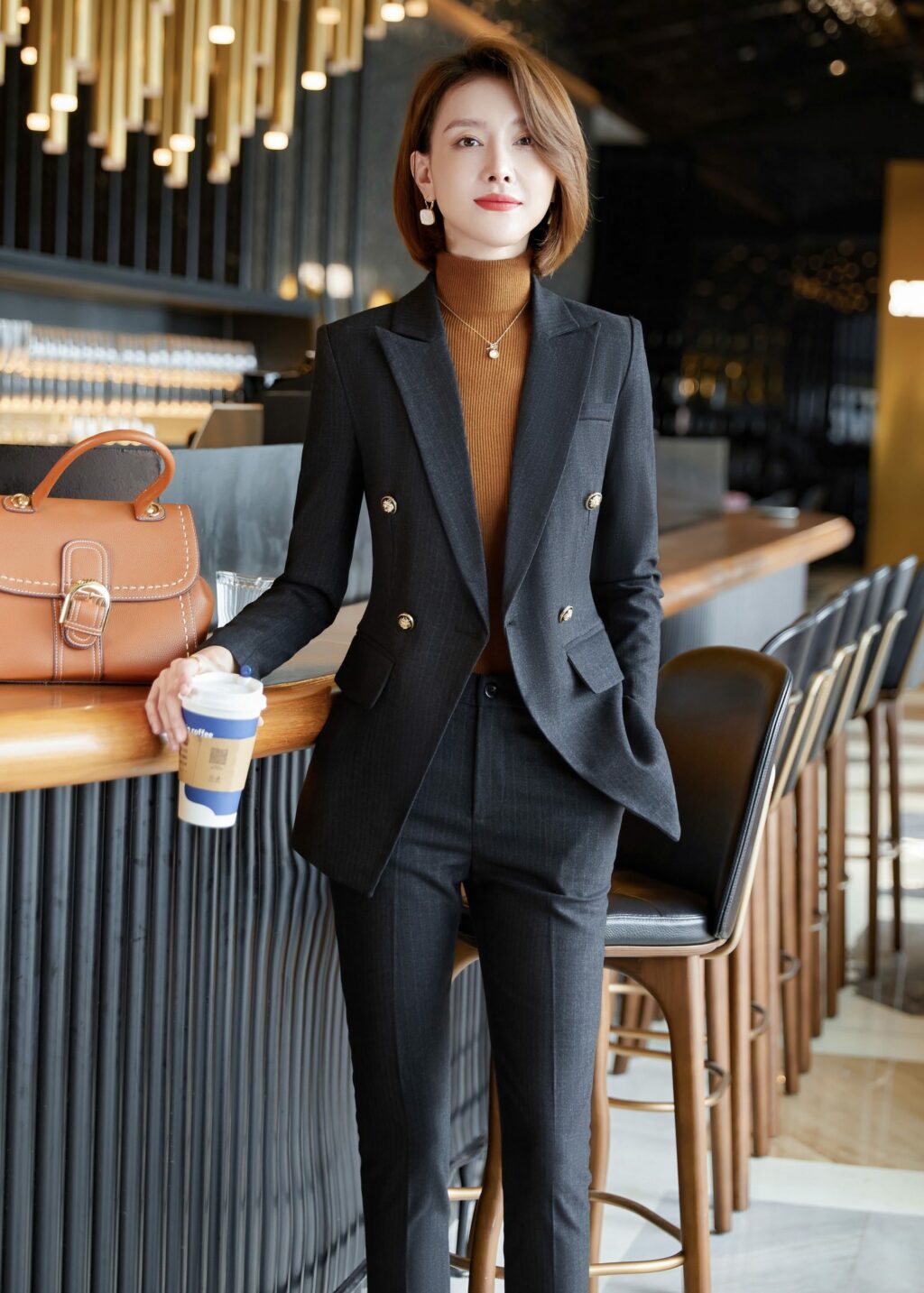 PN2761-05 ชุดสูททำงานผู้หญิงสีดำแต่งหกกระดุมลายทางพร้อมกางเกง
