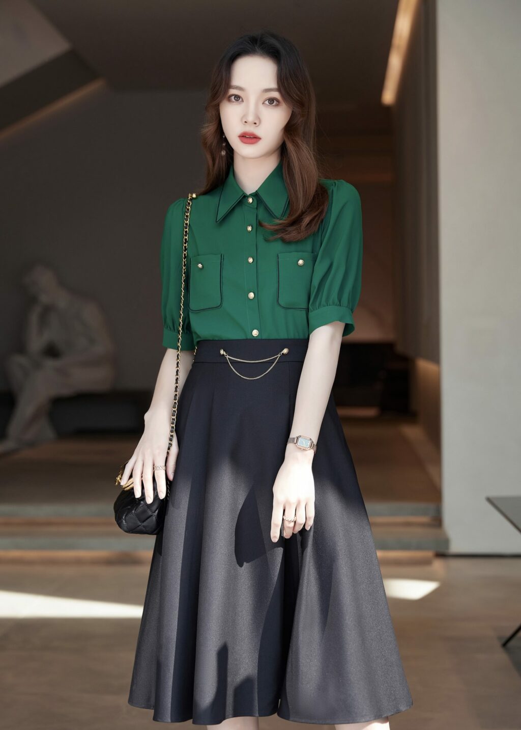 PN2899-02 เสื้อทำงานผู้หญิงสีเขียวคอปกแต่งกระดุมแต่งกระเป๋าแขนสั้น