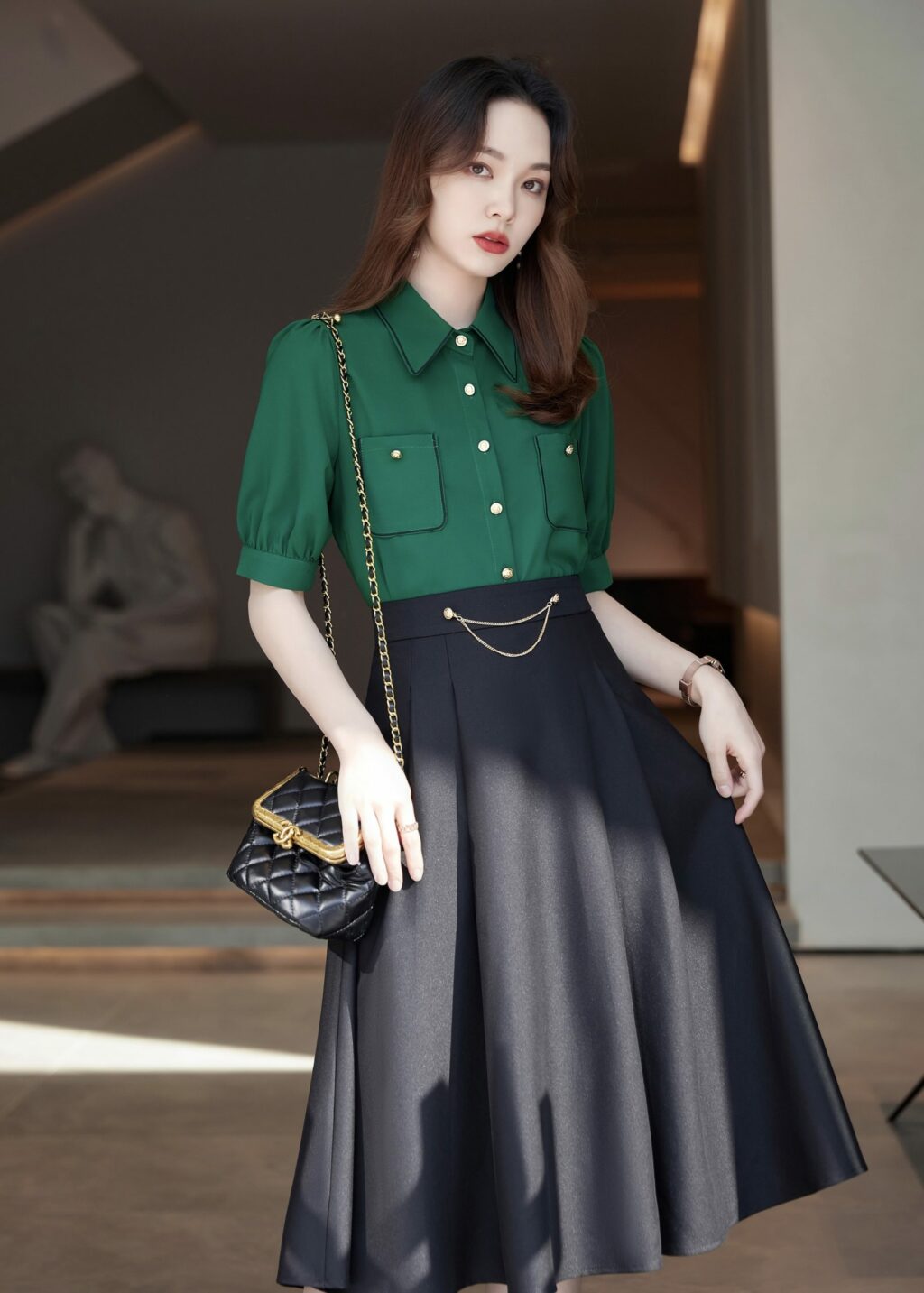 PN2899-04 เสื้อทำงานผู้หญิงสีเขียวคอปกแต่งกระดุมแต่งกระเป๋าแขนสั้น