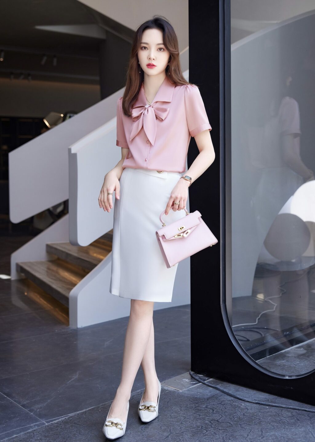 PN2904-03 เสื้อเชิ้ตทำงานผู้หญิงสีชมพูคอปกแต่งผูกโบว์แขนสั้น