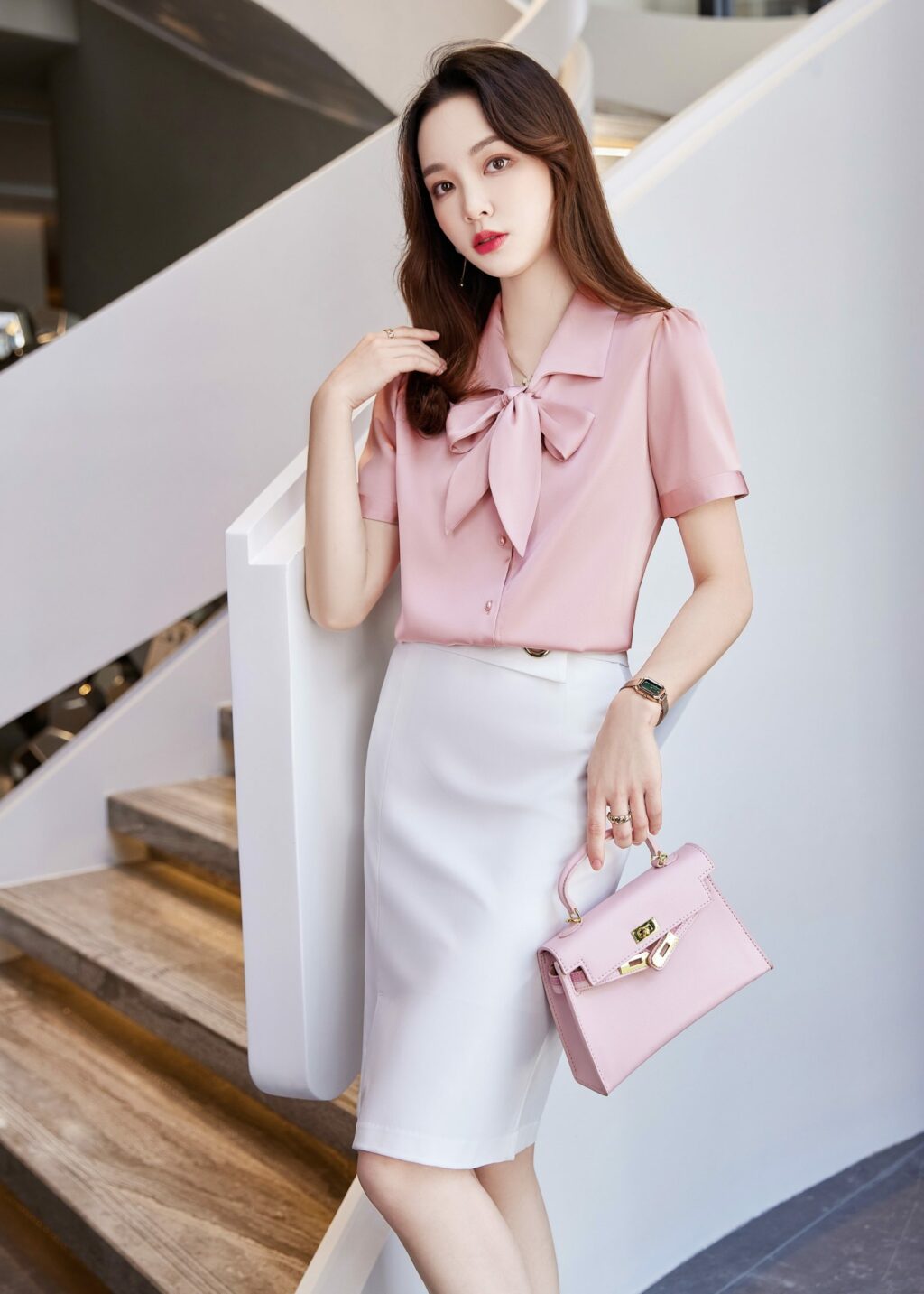 PN2904-06 เสื้อเชิ้ตทำงานผู้หญิงสีชมพูคอปกแต่งผูกโบว์แขนสั้น