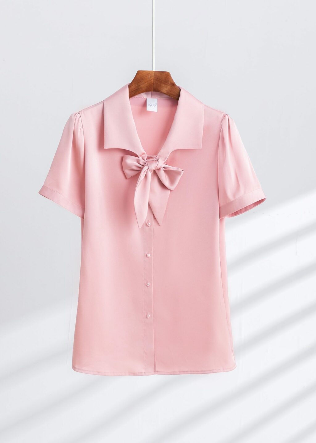 PN2904-08 เสื้อเชิ้ตทำงานผู้หญิงสีชมพูคอปกแต่งผูกโบว์แขนสั้น