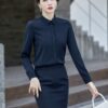 เสื้อเชิ้ตทำงานผู้หญิงสีน้ำเงินคอปกเรียบแขนยาว