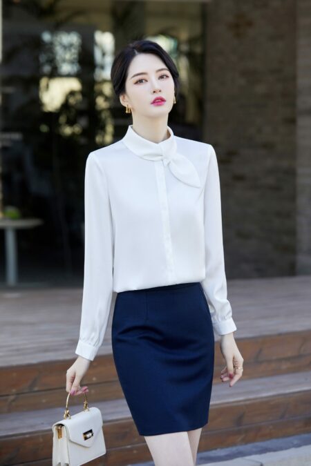เสื้อเชิ้ตทำงานผู้หญิงสีขาวคอปกติดโบว์แขนยาว