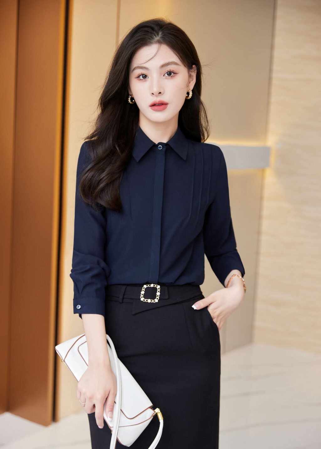 PN3217-9 กระโปรงทำงานผู้หญิงทรงยาวสีดำแต่งเข็ดขัด