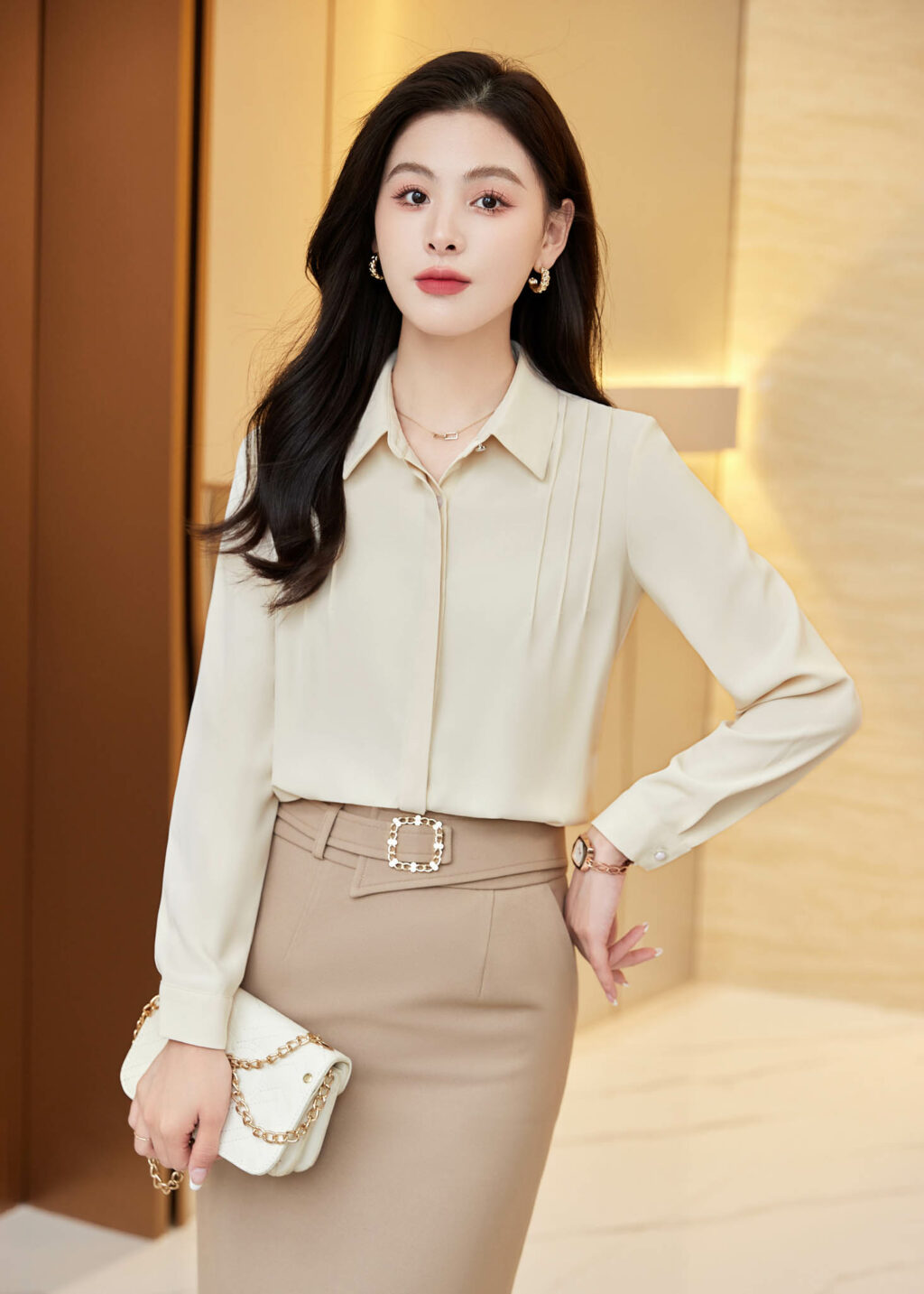 PN3219-5 กระโปรงทำงานผู้หญิงทรงยาวสีเบจแต่งเข็ดขัด