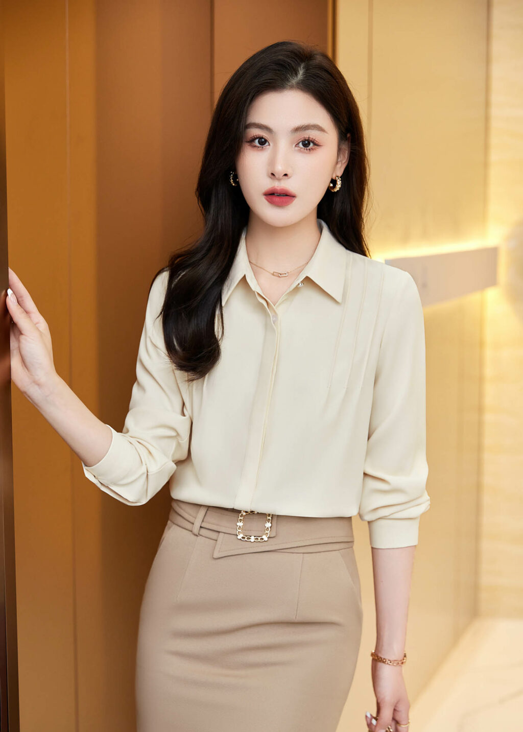 PN3219-7 กระโปรงทำงานผู้หญิงทรงยาวสีเบจแต่งเข็ดขัด
