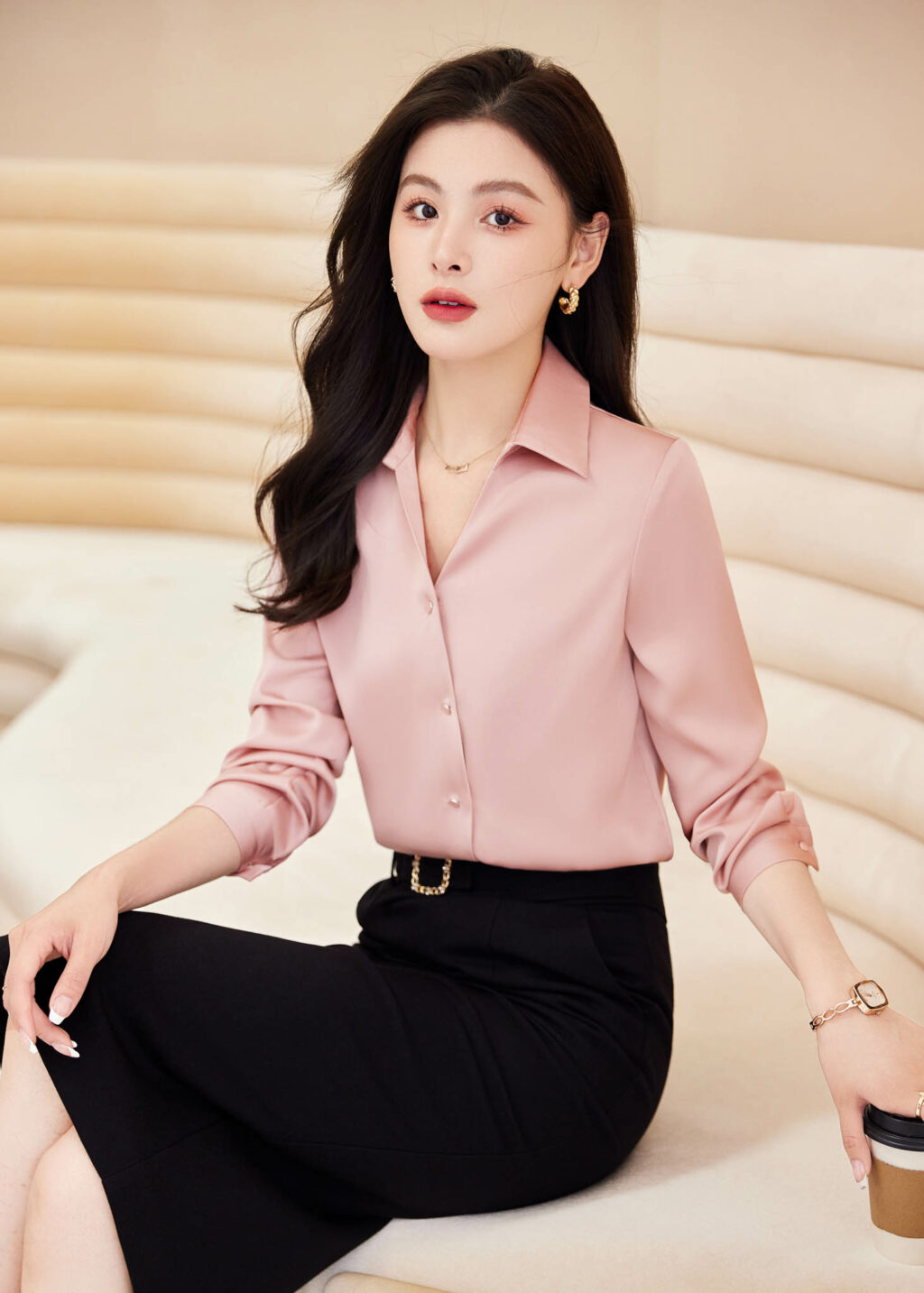 PN3221-11 เสื้อเชิ้ตทำงานผู้หญิงสีชมพูคอปกแต่งกระดุมเรียงแขนยาว
