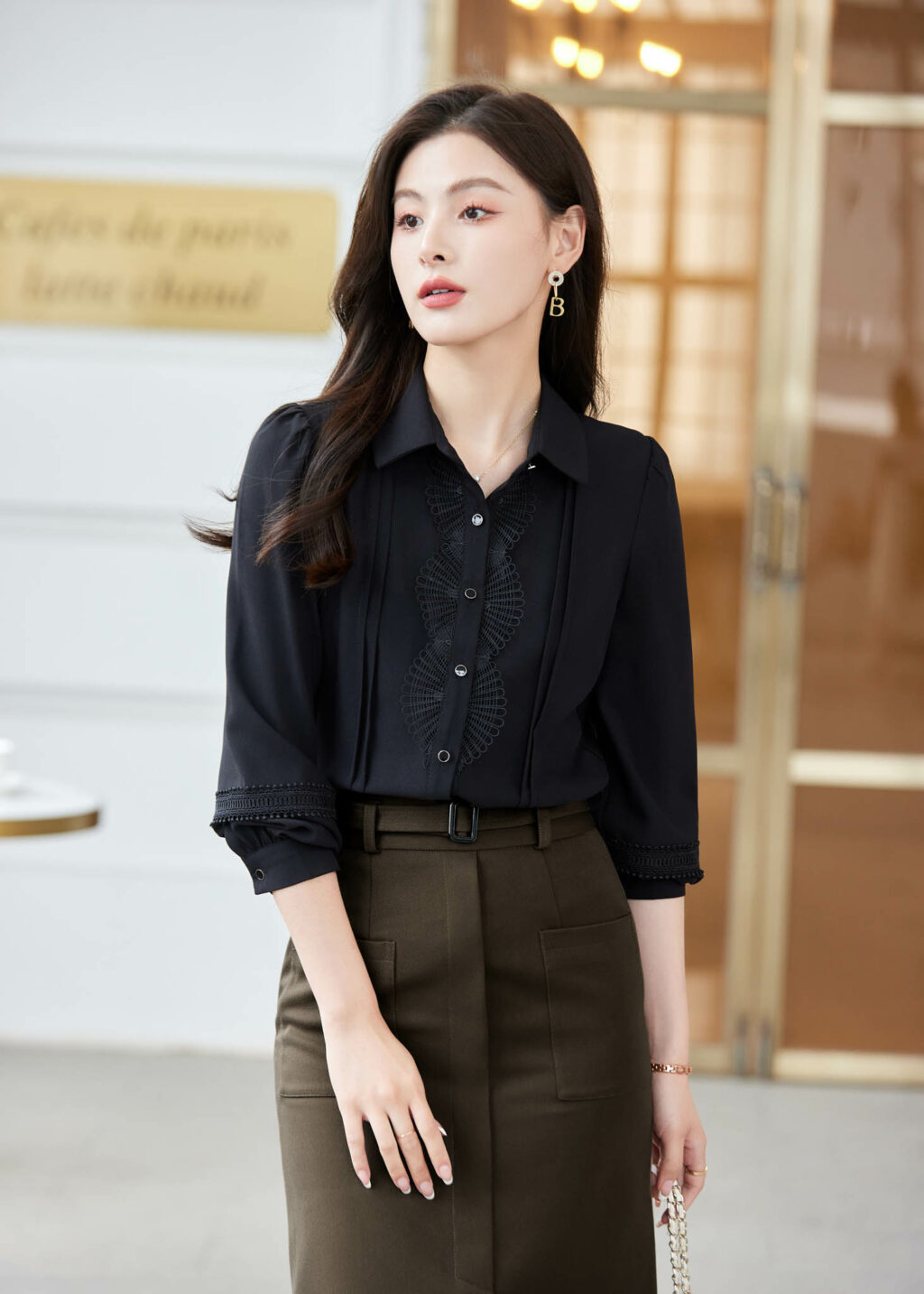 PN3232-7 เสื้อเชิ้ตทำงานผู้หญิงสีดำคอปกแต่งลายกระดุมแขนยาว