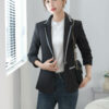 เสื้อสูทเบลเซอร์ทำงานผู้หญิงสีดำปกป้านแต่งปกเทาแขนยาว