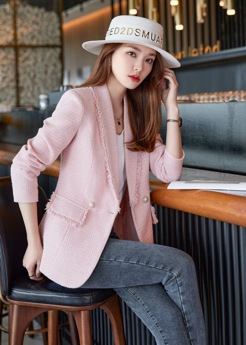 PN3326-10 เสื้อสูทเบลเซอร์ทำงานผู้หญิงสีชมพูแต่งผ้าทอปกกล้วยแขนยาว