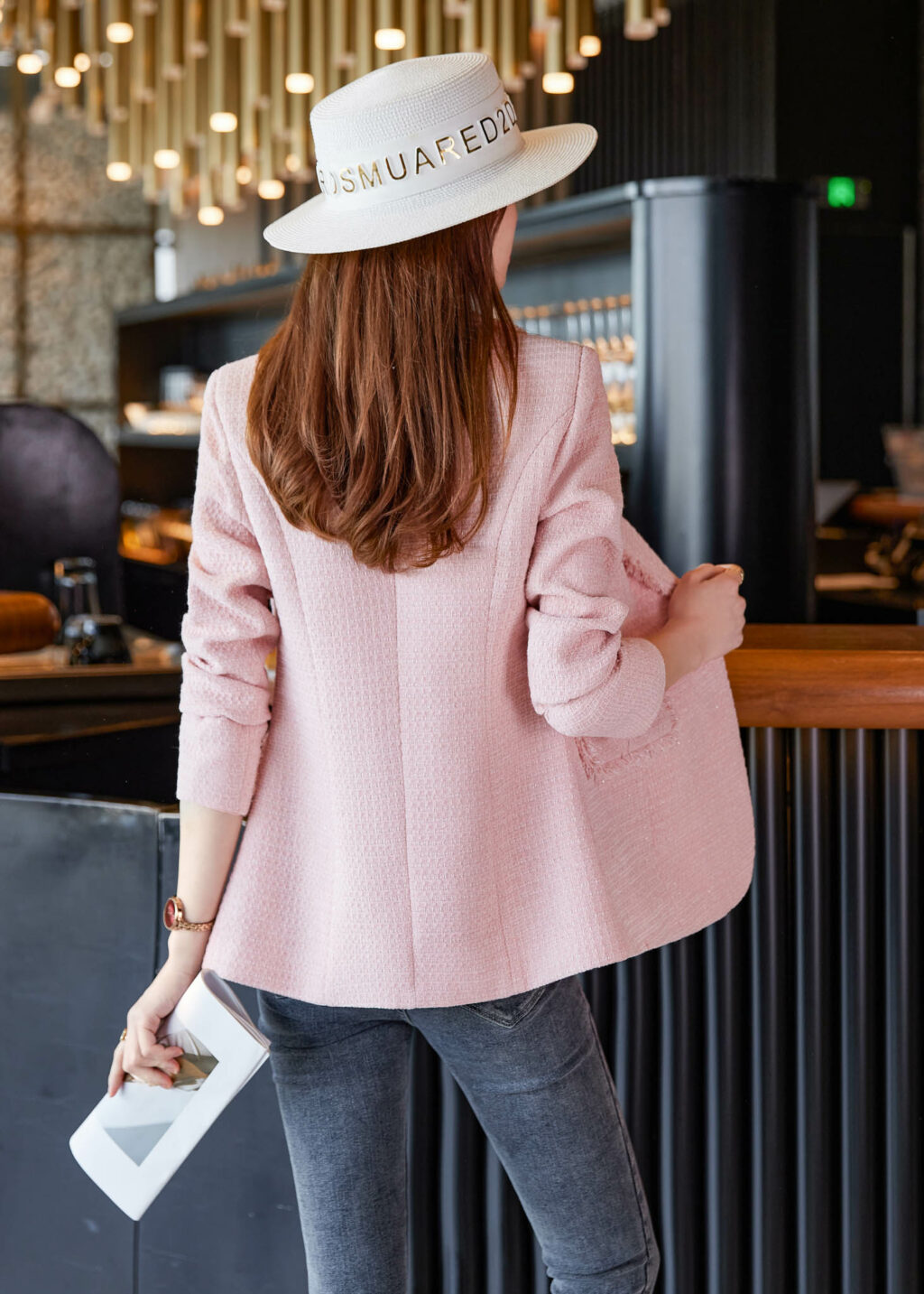 PN3326-11 เสื้อสูทเบลเซอร์ทำงานผู้หญิงสีชมพูแต่งผ้าทอปกกล้วยแขนยาว
