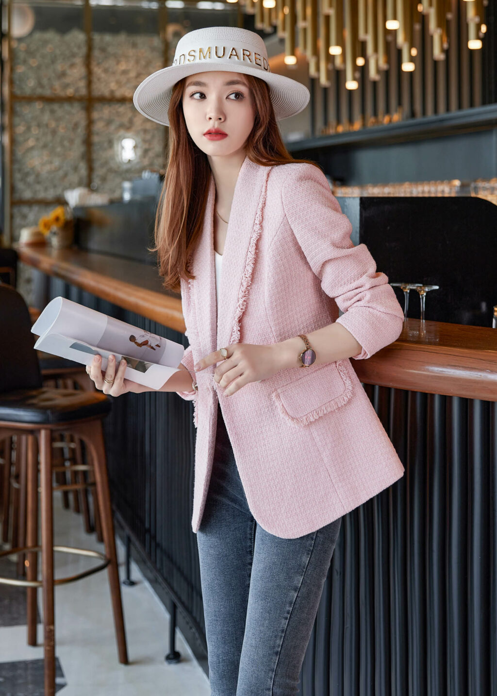 PN3326-4 เสื้อสูทเบลเซอร์ทำงานผู้หญิงสีชมพูแต่งผ้าทอปกกล้วยแขนยาว