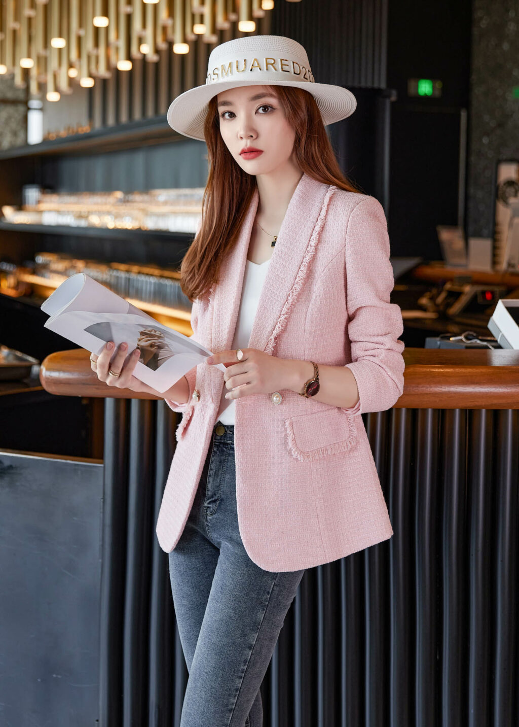 PN3326-5 เสื้อสูทเบลเซอร์ทำงานผู้หญิงสีชมพูแต่งผ้าทอปกกล้วยแขนยาว