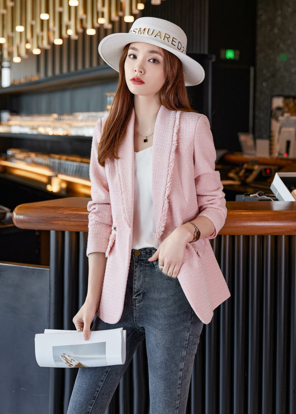 PN3326-6 เสื้อสูทเบลเซอร์ทำงานผู้หญิงสีชมพูแต่งผ้าทอปกกล้วยแขนยาว