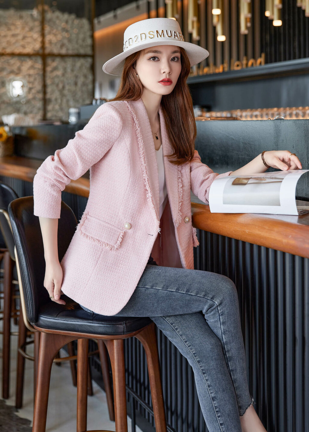 PN3326-9 เสื้อสูทเบลเซอร์ทำงานผู้หญิงสีชมพูแต่งผ้าทอปกกล้วยแขนยาว