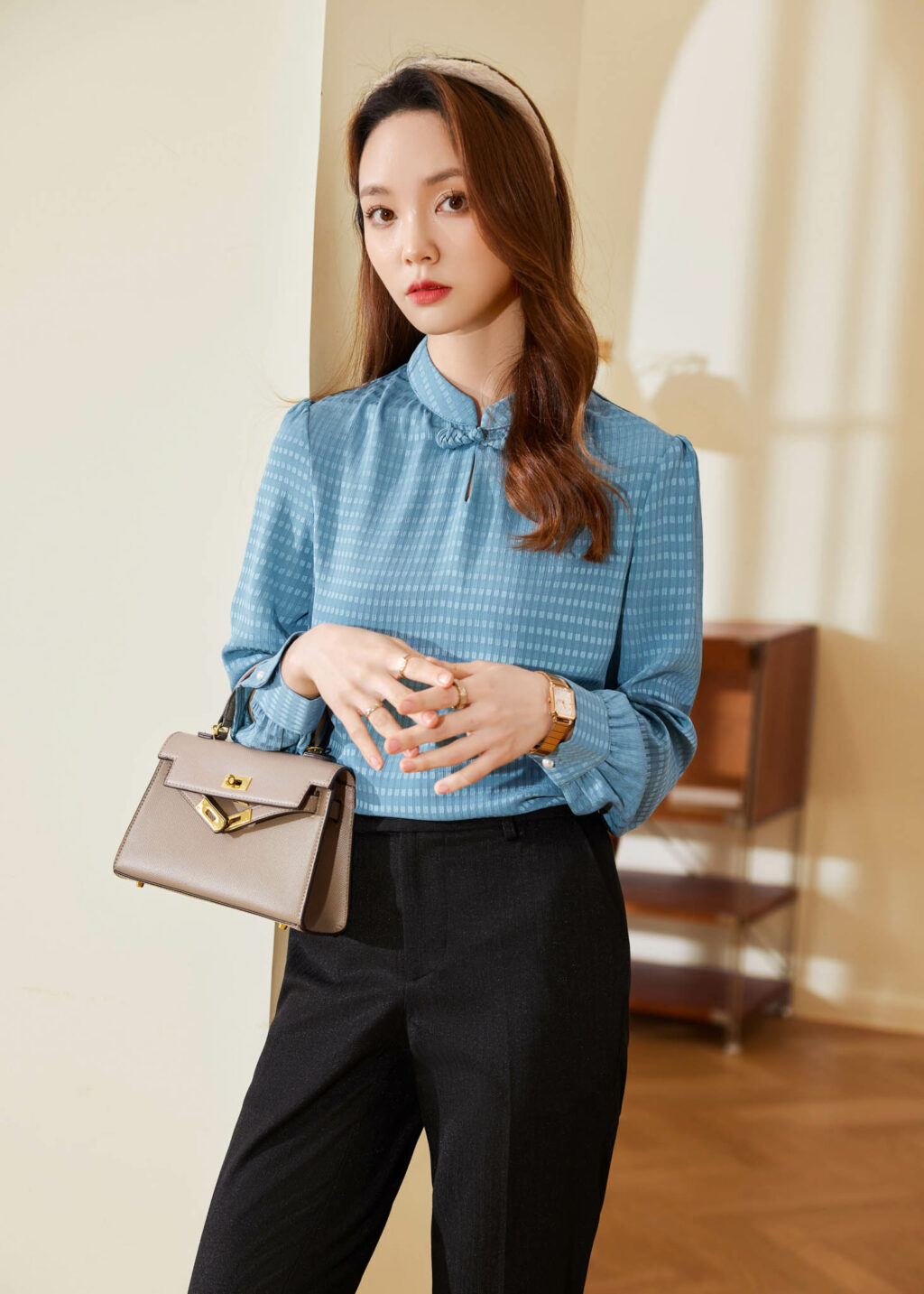 PN3369-6 เสื้อเชิ้ตทำงานผู้หญิงสีฟ้าคอจีนแขนยาว