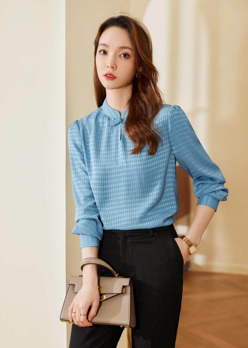 PN3369-7 เสื้อเชิ้ตทำงานผู้หญิงสีฟ้าคอจีนแขนยาว