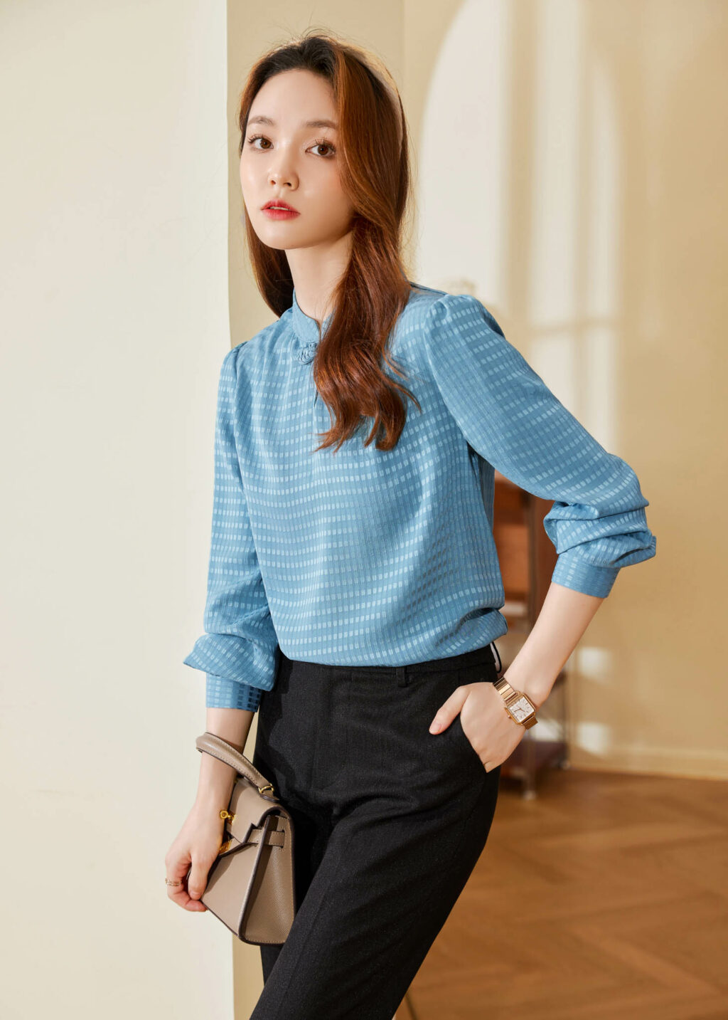 PN3369-8 เสื้อเชิ้ตทำงานผู้หญิงสีฟ้าคอจีนแขนยาว
