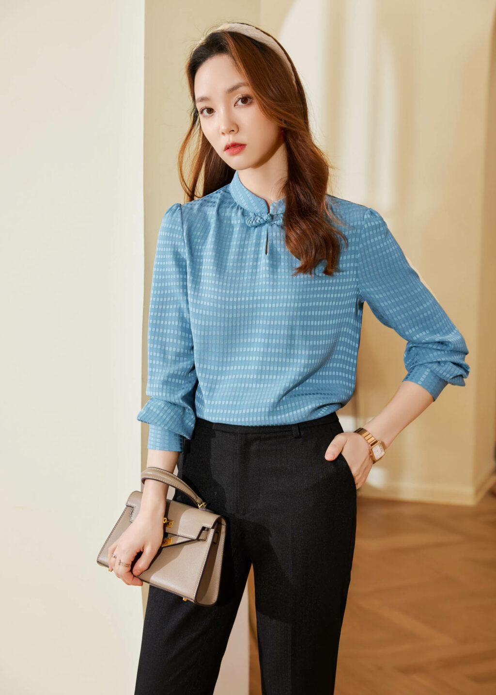 PN3369-9 เสื้อเชิ้ตทำงานผู้หญิงสีฟ้าคอจีนแขนยาว