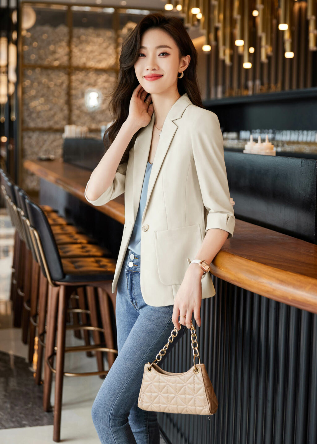 PN3411-7 เสื้อสูทเบลเซอร์ทำงานผู้หญิงสีเบจปกป้านแต่งกระเป๋าข้างแขนยาว