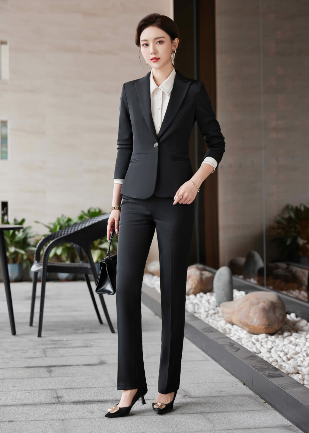 PN3499-1 ชุดสูททำงานผู้หญิงสีดำปกป้านพร้อมมากางเกง