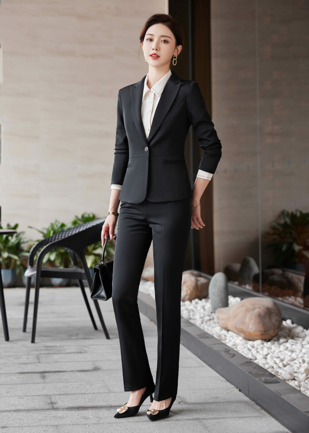 PN3499-3 ชุดสูททำงานผู้หญิงสีดำปกป้านพร้อมมากางเกง