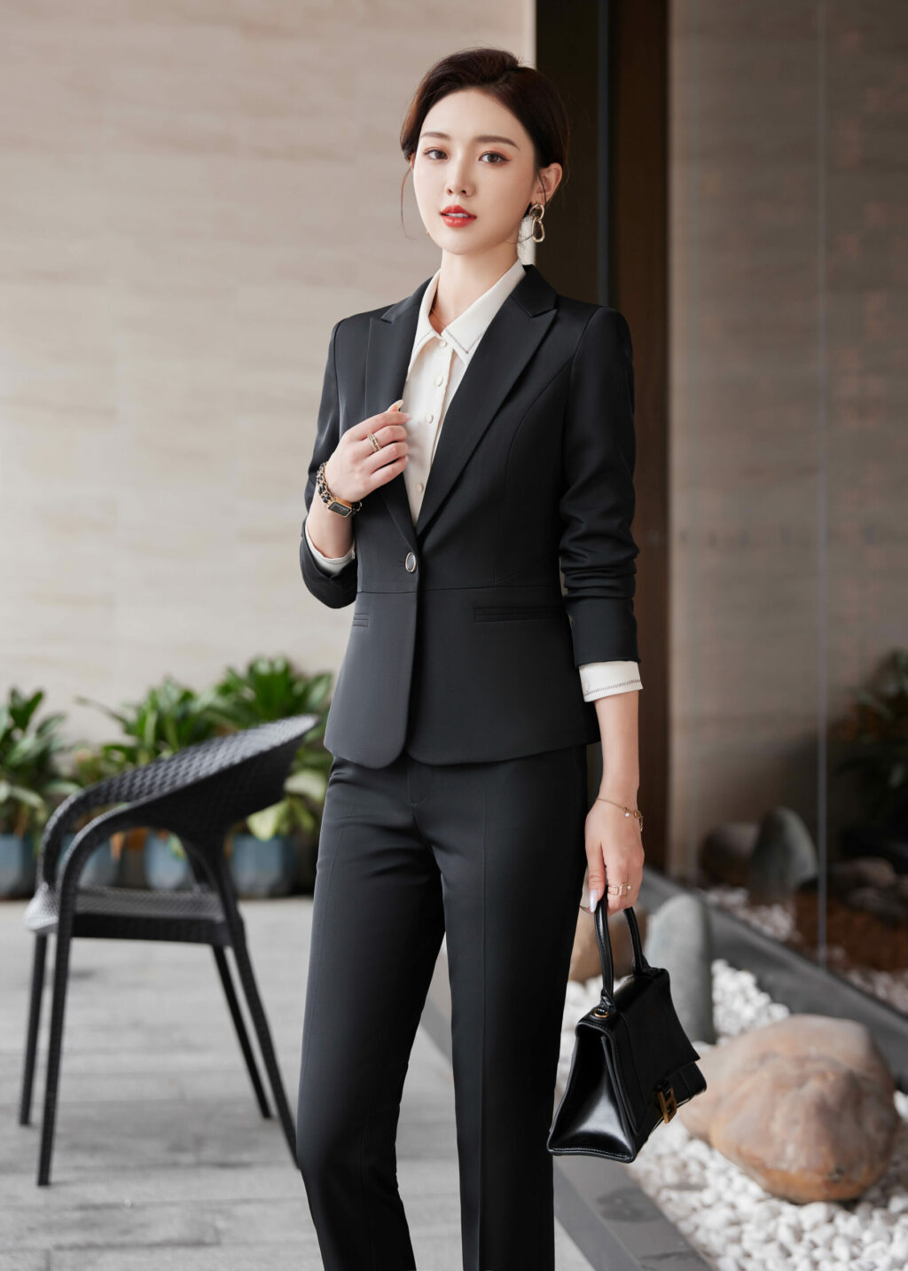 PN3499-4 ชุดสูททำงานผู้หญิงสีดำปกป้านพร้อมมากางเกง