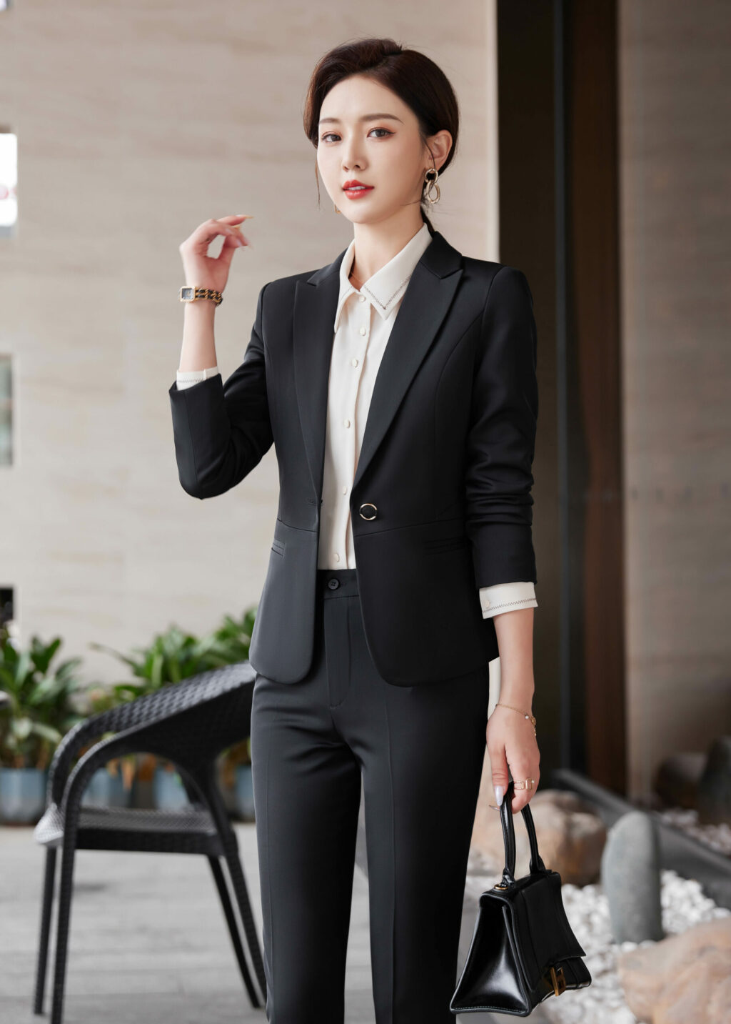 PN3499-6 ชุดสูททำงานผู้หญิงสีดำปกป้านพร้อมมากางเกง